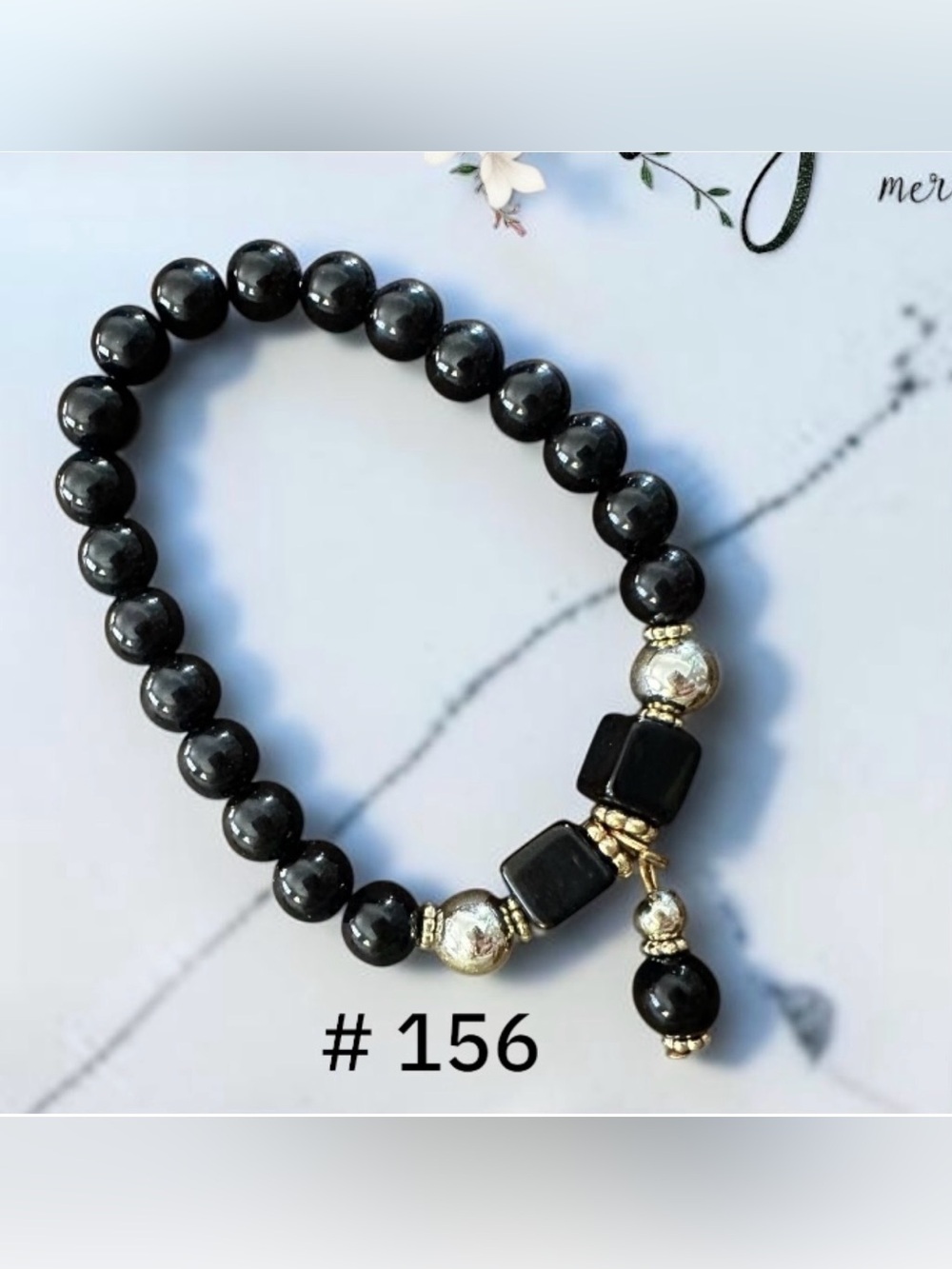 Black Beaded Stretch Bracelet Gold Tone Accent & Dangle Charm NWOT
